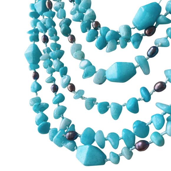 Hand-Knotted Multi-Strand Aqua Color Amazonite Bib Necklace w/ Toggle Clasp 19” - Picture 3 of 16